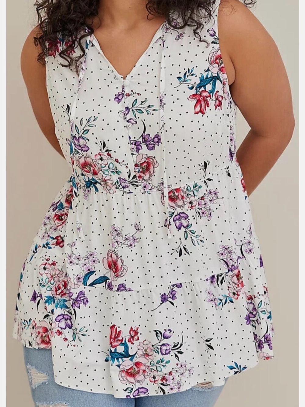 Torrid Rayon Slub Button Front Tiered Tank Floral Dotted  White Plus Women's 4X